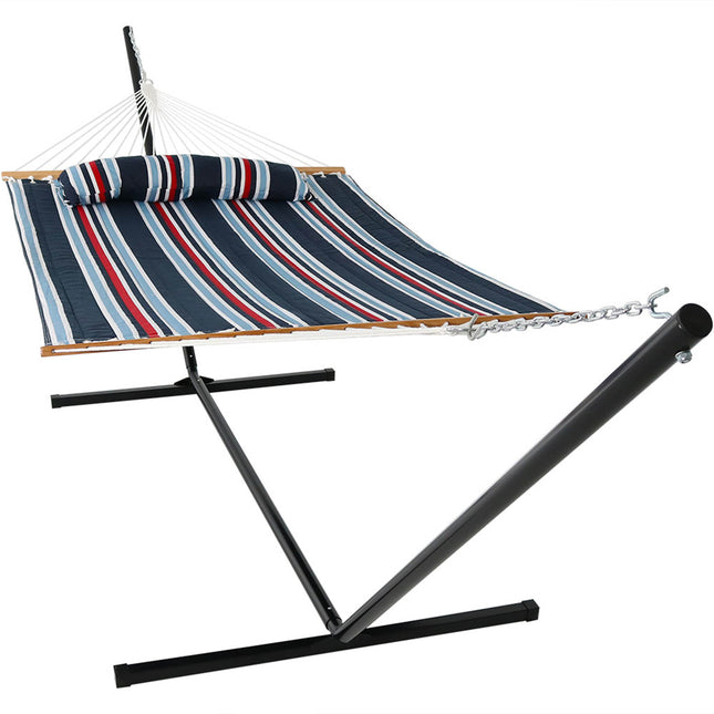 Sunnydaze 2 Person Freestanding Quilted Fabric Spreader Bar Hammock, Choose from 12 or 15 Foot Stand, Nautical Stripe