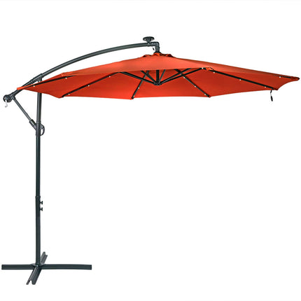 Sunnydaze Solar LED 10-Foot Offset Patio Umbrella with Cantilever, Crank, and Cross Base