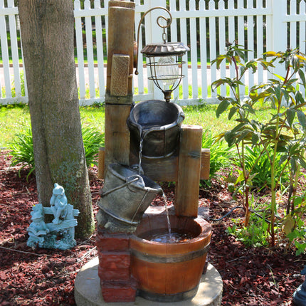 Sunnydaze Rustic Pouring Buckets Outdoor Garden Water Fountain with Solar Lantern, 34 Inch Tall