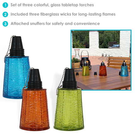 Sunnydaze Set of 3 Glass Tabletop Torches, 1 Blue, 1 Orange and 1 Green