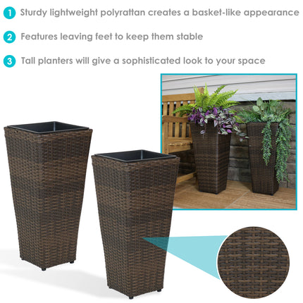 Sunnydaze Tall Square Brown Indoor/Outdoor Polyrattan Planters - Set of 2