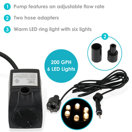Sunnydaze Electric Fountain Pump with 6 LED Lights, Size and Color Options Available