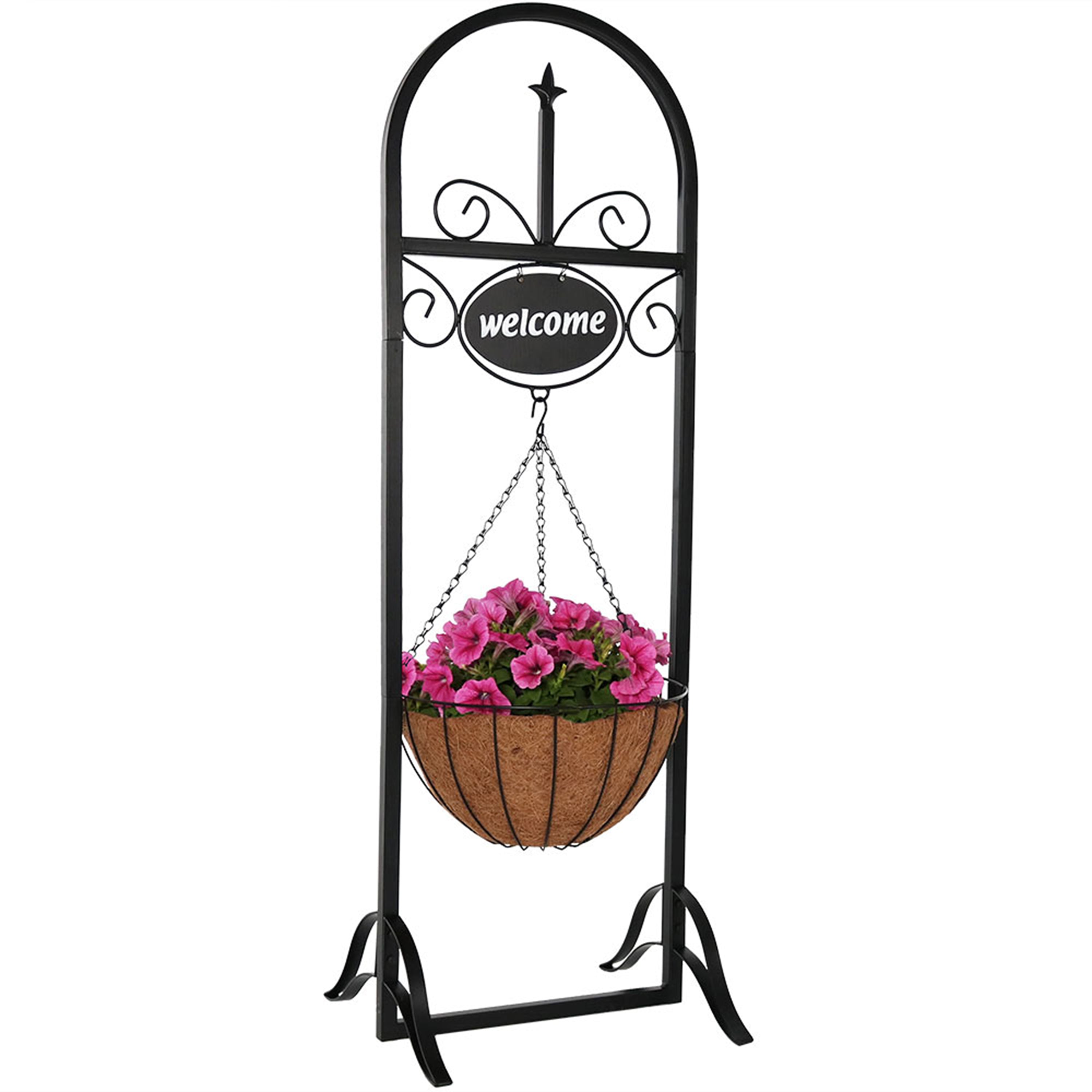 welcome sign plant hanger Sunnydaze Outdoor Decorative Welcome Sign with Hanging Basket Planter Stand, 48 Inch Tall – Serenity Health & Home Decor