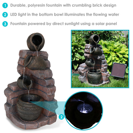 Sunnydaze Crumbling Bricks and Pots Solar with Battery Backup LED Outdoor Water Fountain, 27-Inch Tall