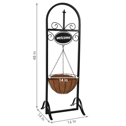 Sunnydaze Outdoor Decorative Welcome Sign with Hanging Basket Planter Stand, 48 Inch Tall