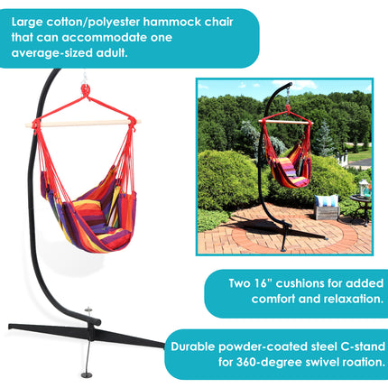 Sunnydaze Hanging Hammock Chair Swing and C-Stand Set, for Outdoor Use, Max Weight: 265 pounds, Includes 2 Seat Cushions