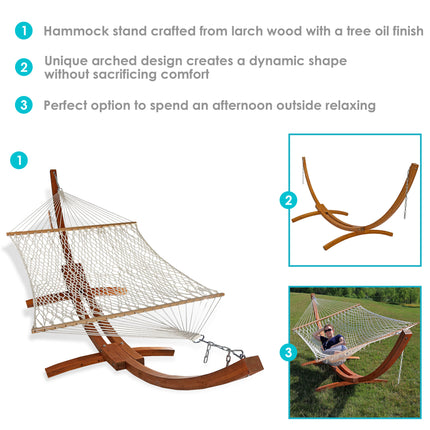 Sunnydaze Cotton Double Wide 2-Person Rope Hammock with Spreader Bars and 13 Foot Curved Arc Wood Stand