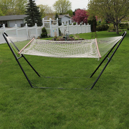 Sunnydaze Cotton Double Wide 2-Person Rope Hammock with Spreader Bars and Multi-Use Steel Stand