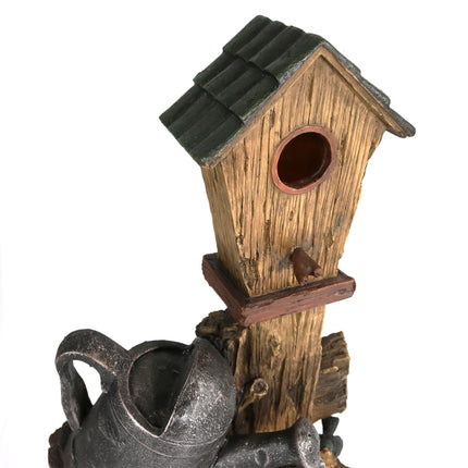 Sunnydaze Rustic Birdhouse and Garden Watering Can Outdoor Water Fountain, 31 Inch Tall, Includes Electric Submersible Pump