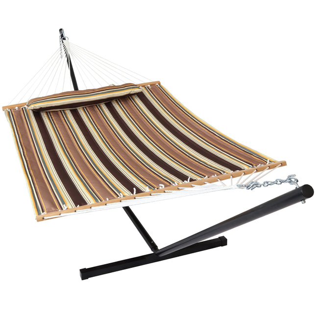 Sunnydaze 2 Person Freestanding Quilted Fabric Spreader Bar Hammock, Choose from 12 or 15 Foot Stand, Sandy Beach
