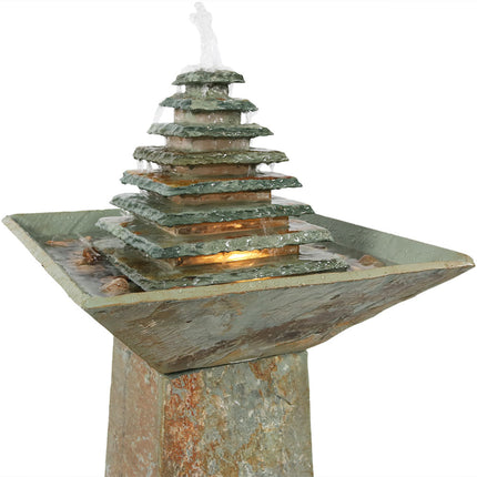 Sunnydaze Layered Slate Pyramid Outdoor Water Fountain with LED Light, 40 Inch Tall, Perfect for Patio or Yard